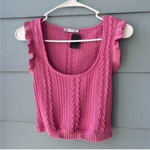 Zara Fuchsia Knit Crop Top with Ruffle Sleeves